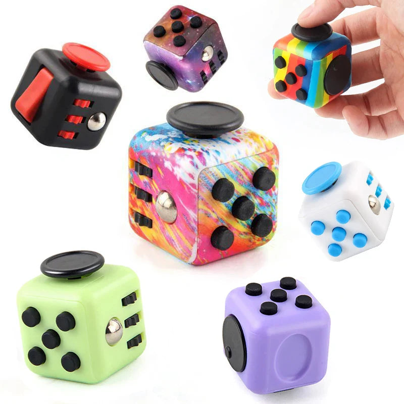 Colorful collection of the best fidget toys for stress relief in cube shapes with buttons and switches