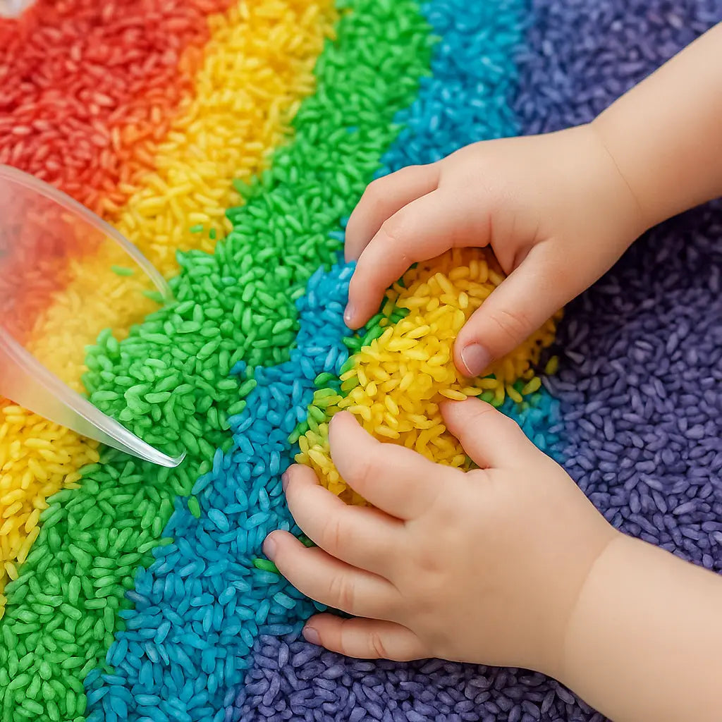 Child's hands playing with colorful layered rice in a rainbow rice sensory play recipe activity