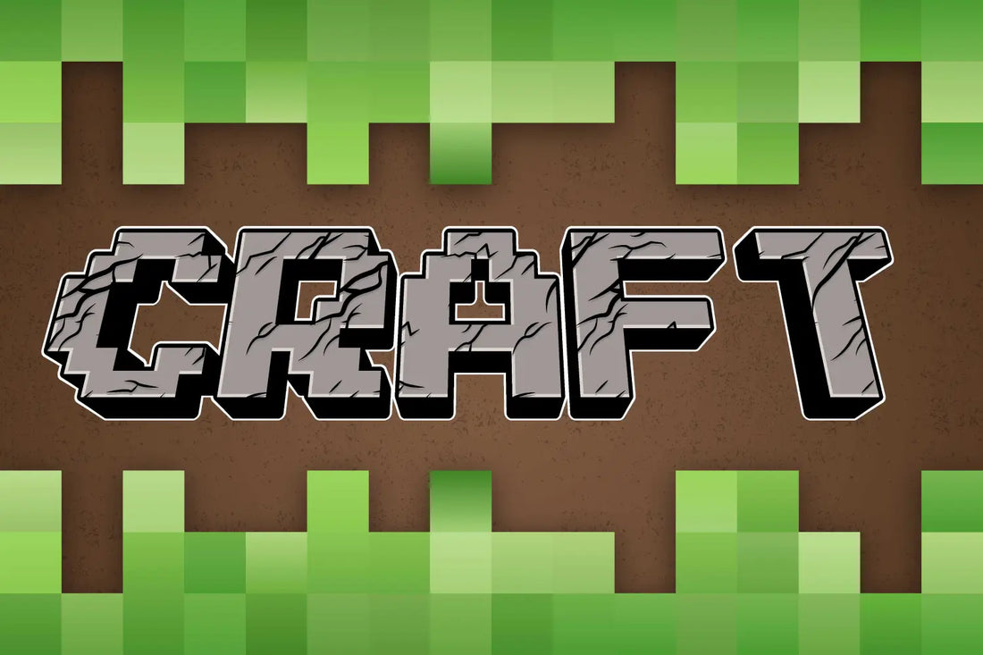 Minecraft style text art spelling craft with blocky green and brown pixel background magnetic cubes vs magnetic tiles