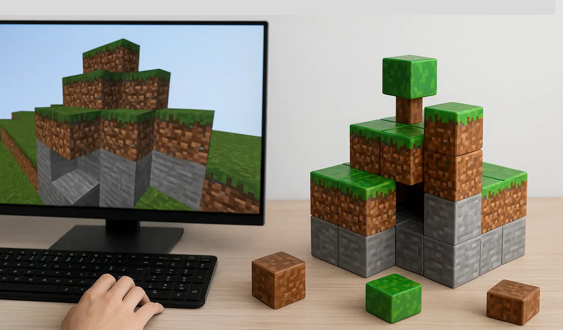 Magnetic Minecraft blocks for kids displayed next to computer screen showing Minecraft terrain
