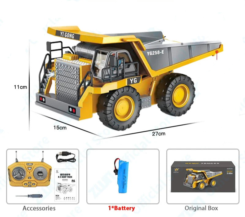 Die-cast metal remote controlled construction toys with detailed features and accessories