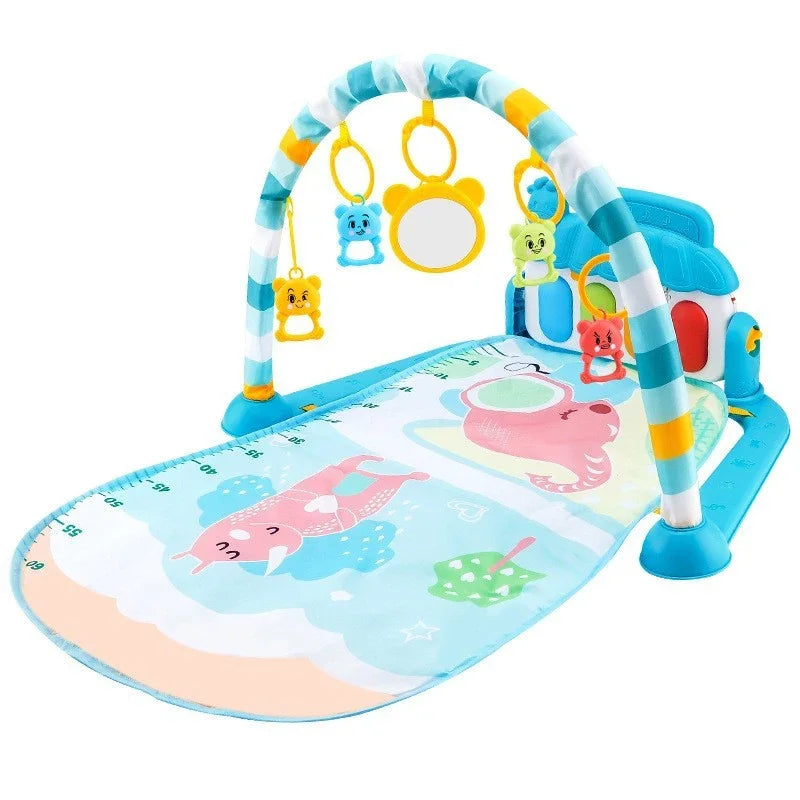 Colorful baby activity gym mat with hanging toys and mirror for sensory play and development