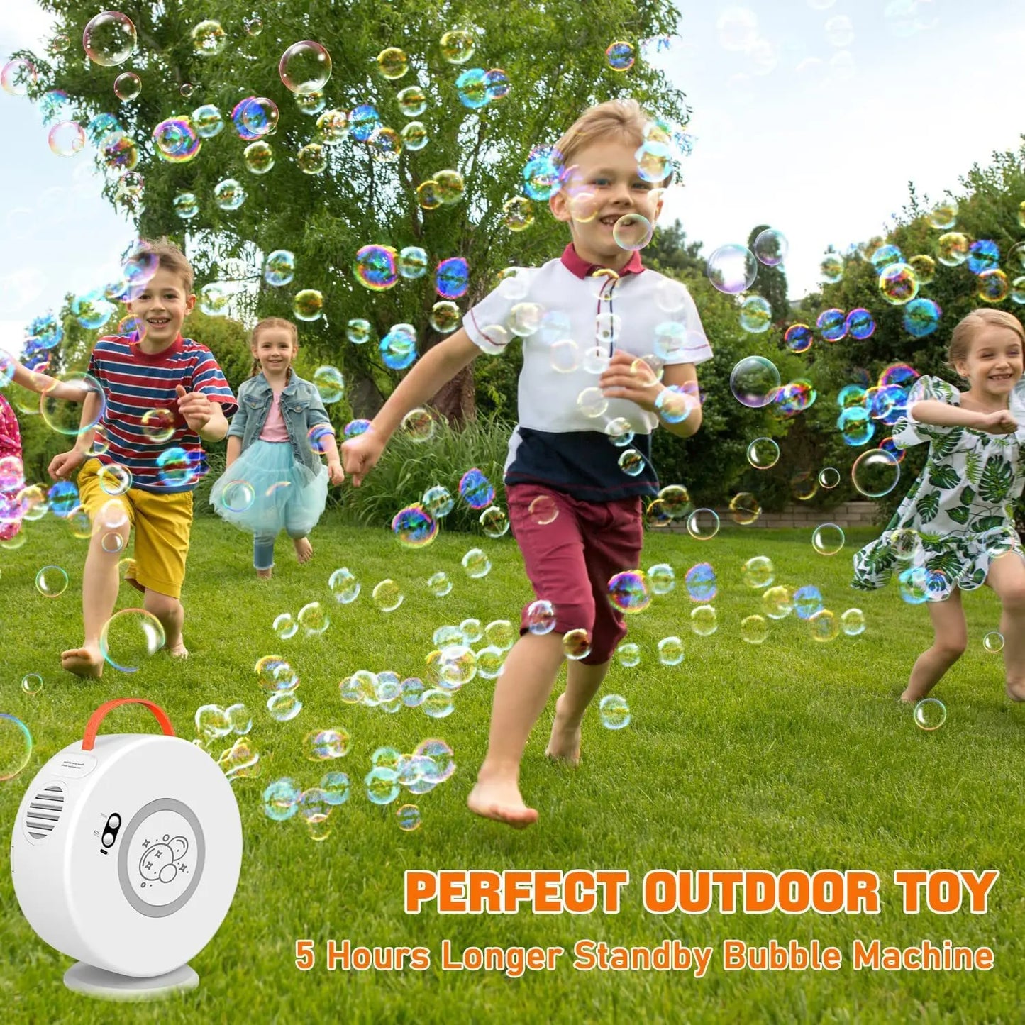 Active Playthings portable 360 degree bubble machine with kids running in a sunny backyard full of bubbles