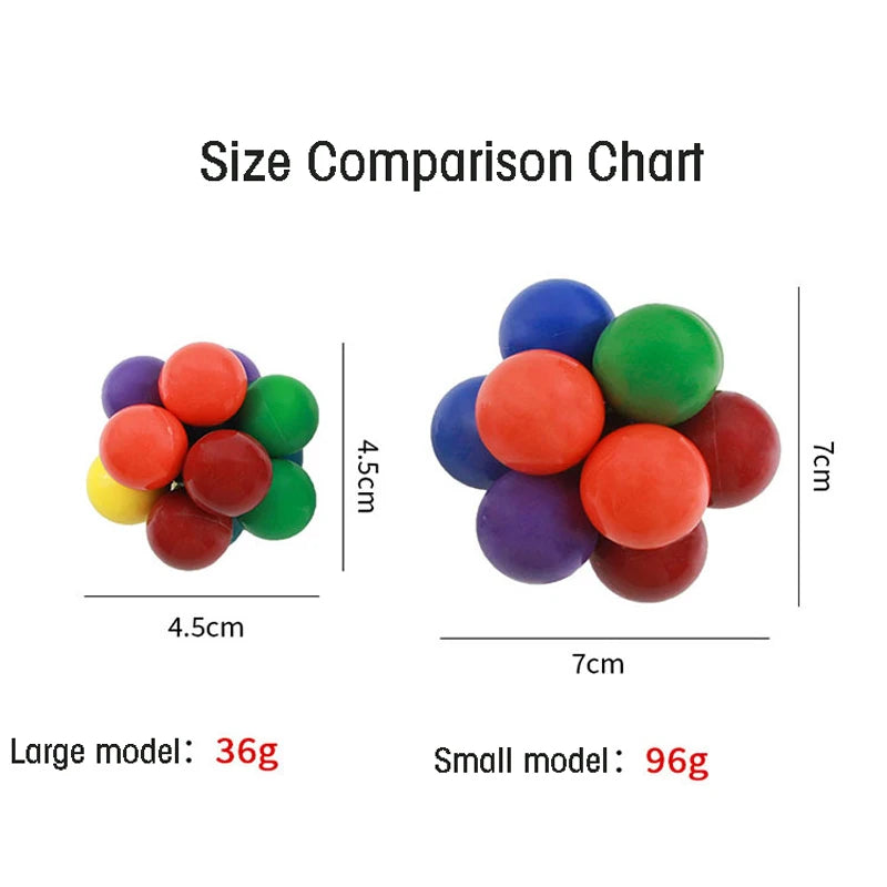 Size comparison chart for colorful stress relief toy showing large and small models with dimensions
