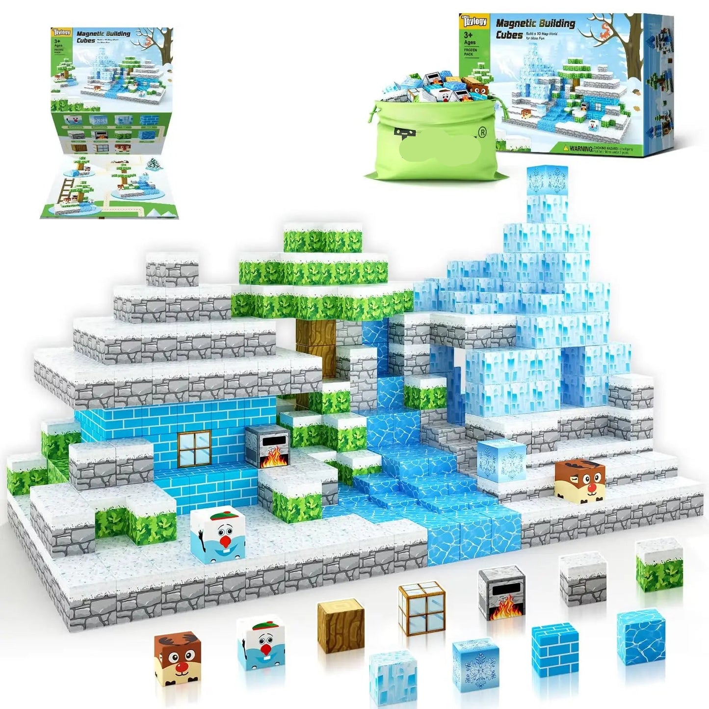 Large Frozen Ice castle and waterfall built from 680 magnetic cubes