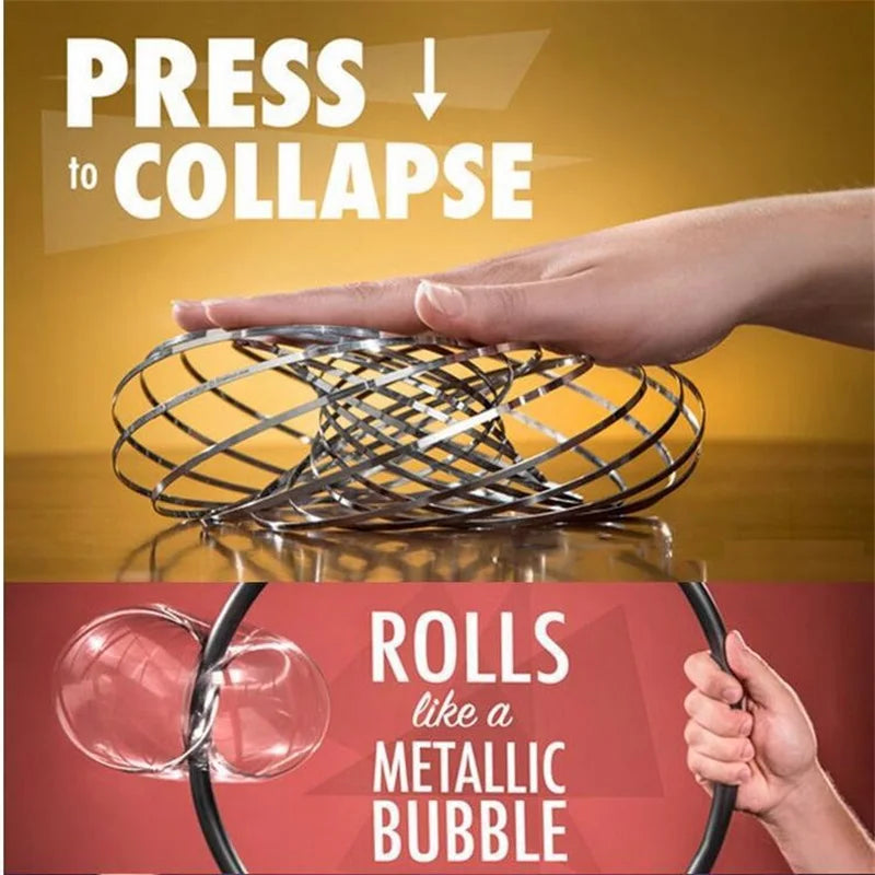 Active Playthings kinetic flow ring toy shown collapsing and rolling like a metallic bubble in hands