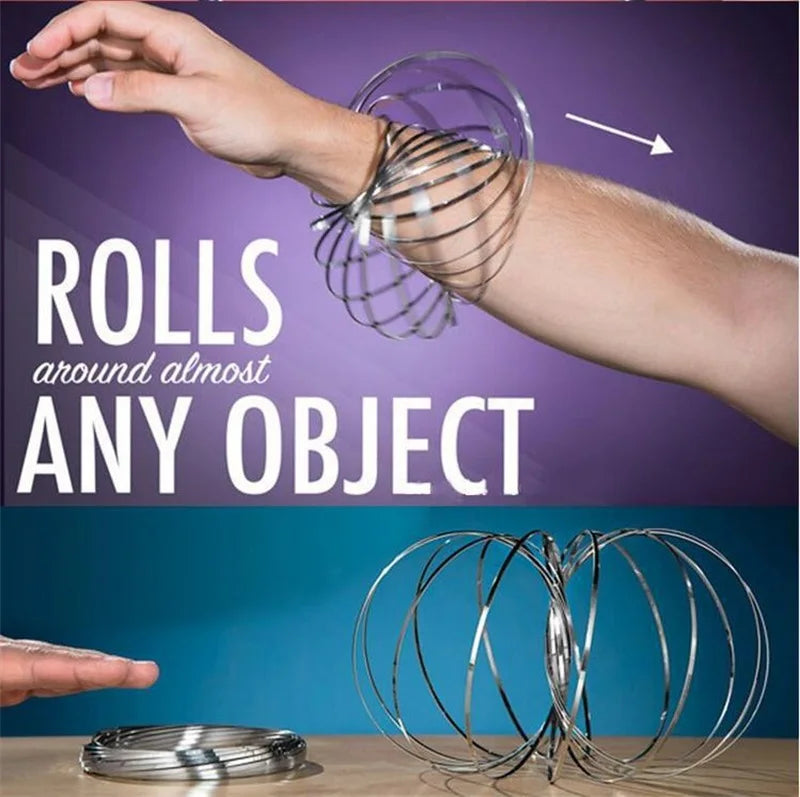 Kinetic flow ring toy rolling smoothly around a person's arm demonstrating Active Playthings product