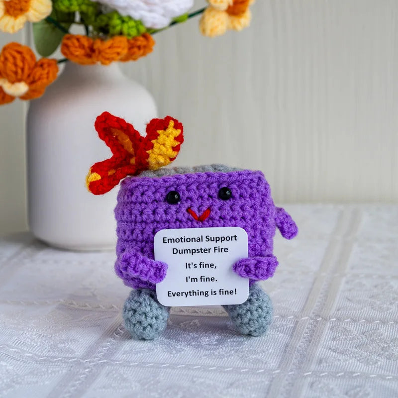 Handmade crochet emotional support buddies in a cute design with a sign that reads Everything is fine