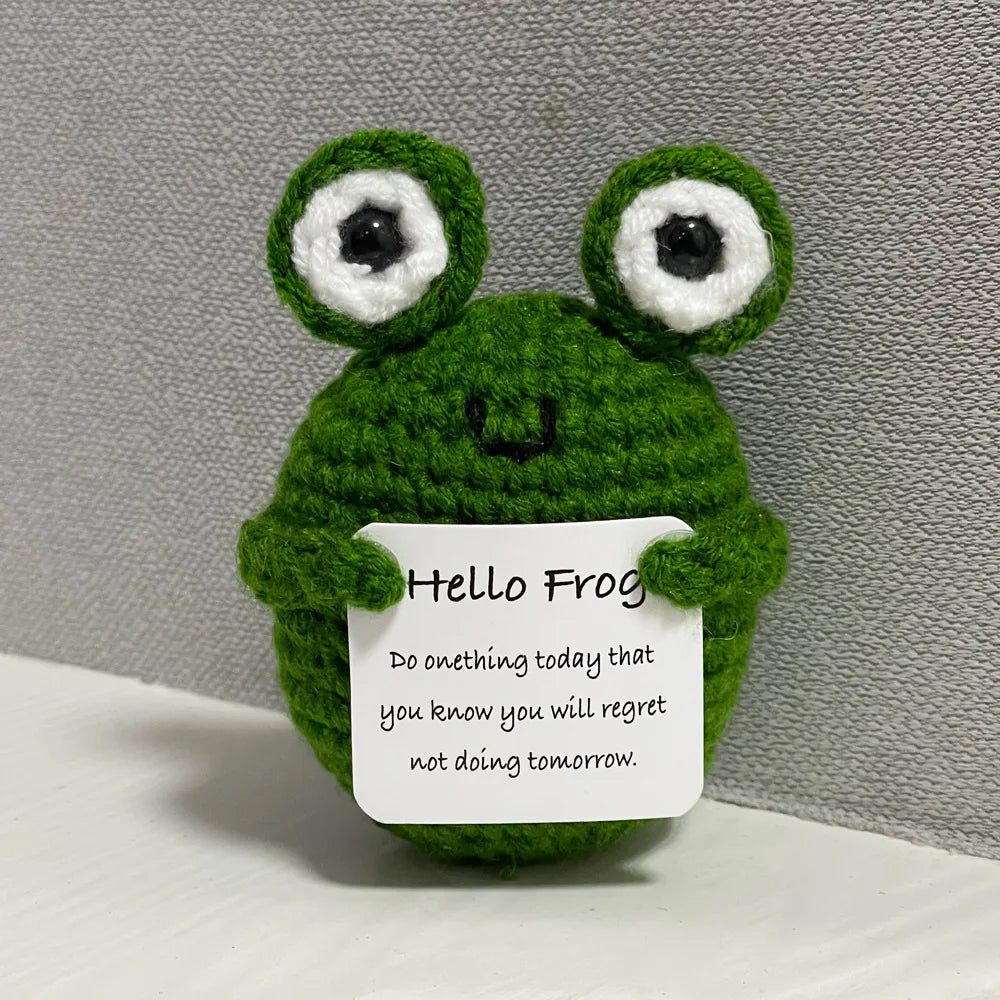 Handmade crochet emotional support buddies in frog design with an inspirational message card