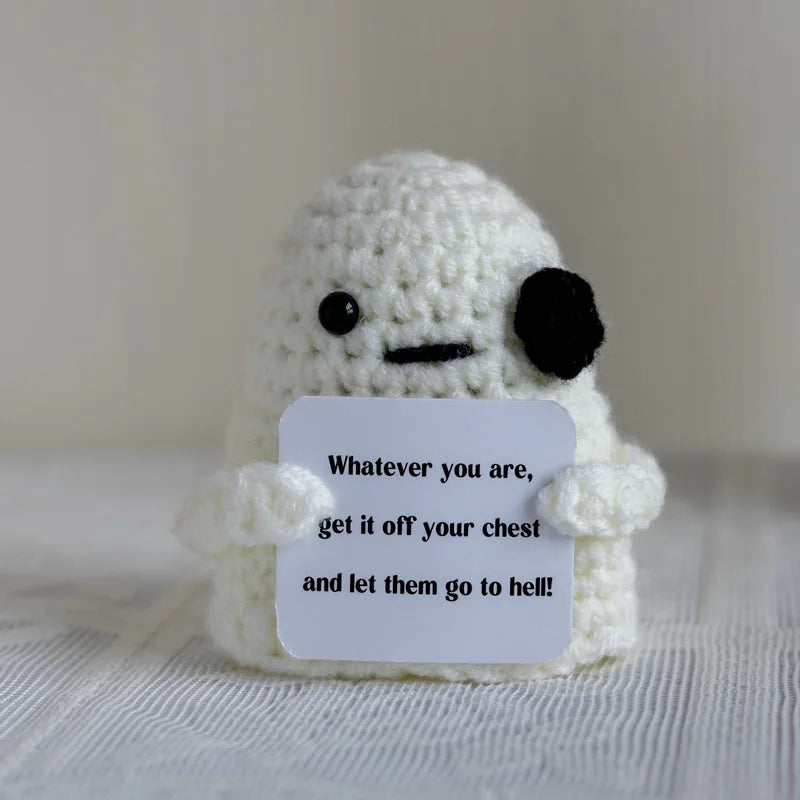 Handmade crochet emotional support buddies with a message card for comfort and encouragement