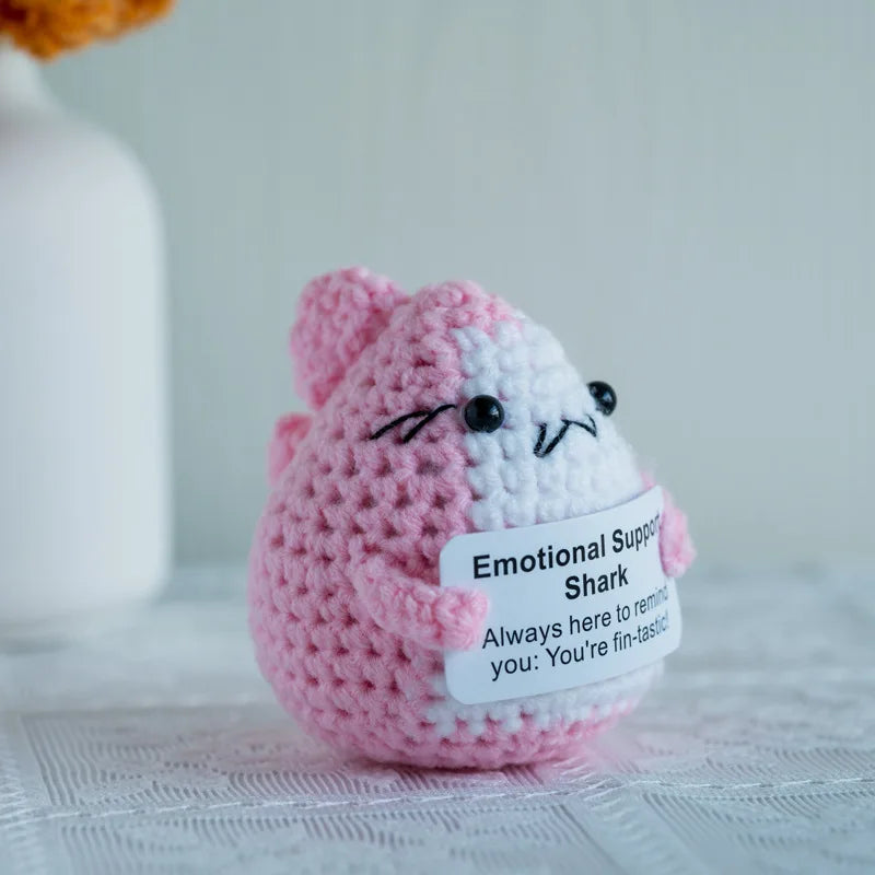 Handmade crochet emotional support buddies shark with a reminder message for comfort and fun