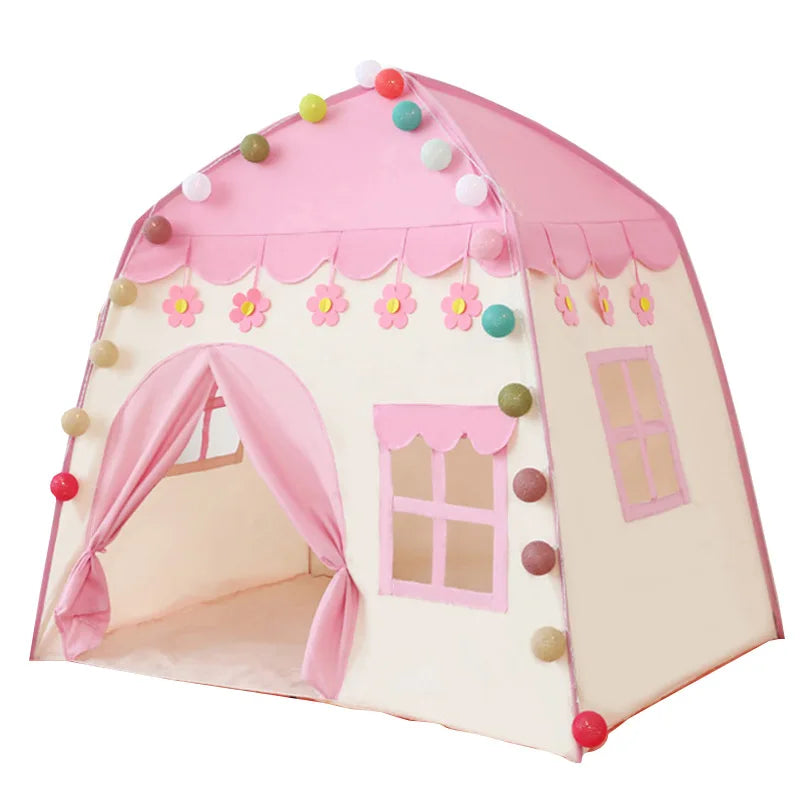 ActivePlaythings kids folding play tent with pink and cream colors, decorative flowers, and fun garlands