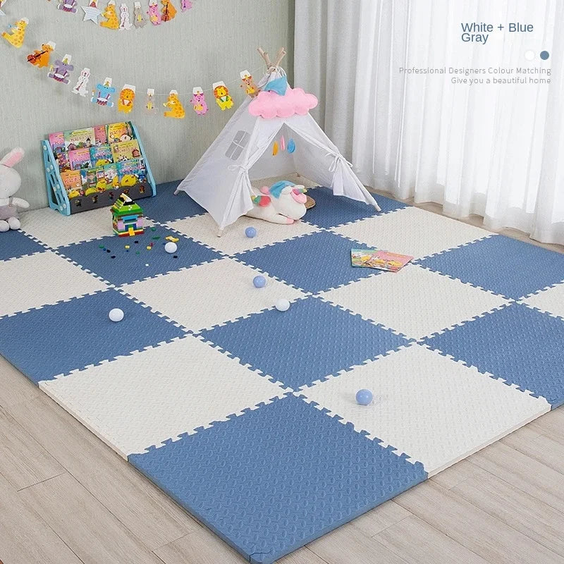 Kids play tent on a kids interlocking foam mat in blue and white colors for a fun play area