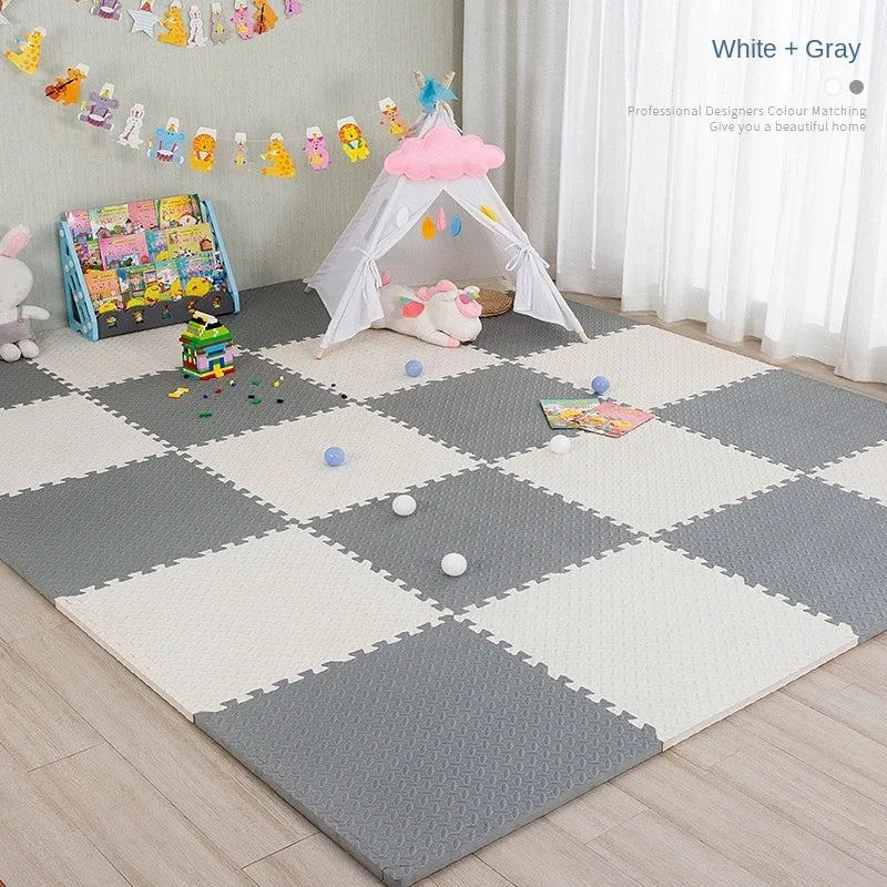 Kids play tent set up on interlocking foam mat in white and gray, perfect for fun playtime activities