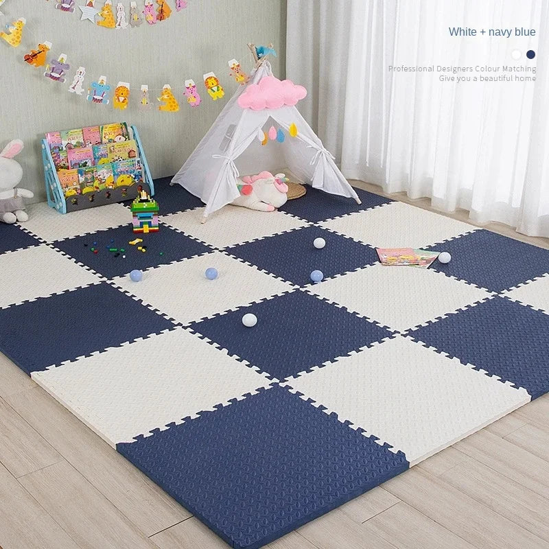 Kids play tent set up on kids interlocking foam mat in white and navy blue colors
