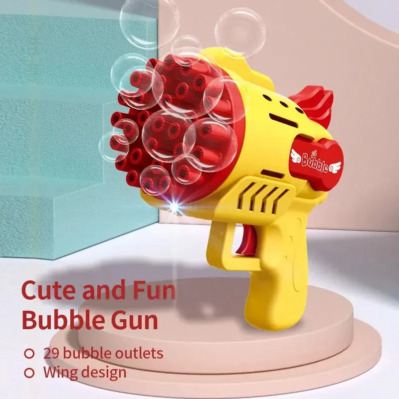 Colorful light-up bubble blaster toy with 29 bubble outlets and fun wing design