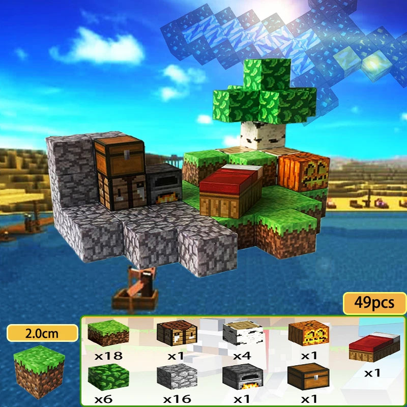 MagnaBlock magnetic building set featuring 49 pieces to create a colorful landscape with trees and structures