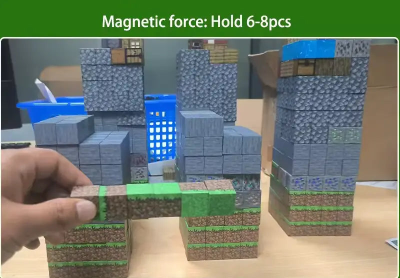 MagnaCraftBlock magnetic building set showcasing various stacked blocks and a hand demonstrating magnetic strength