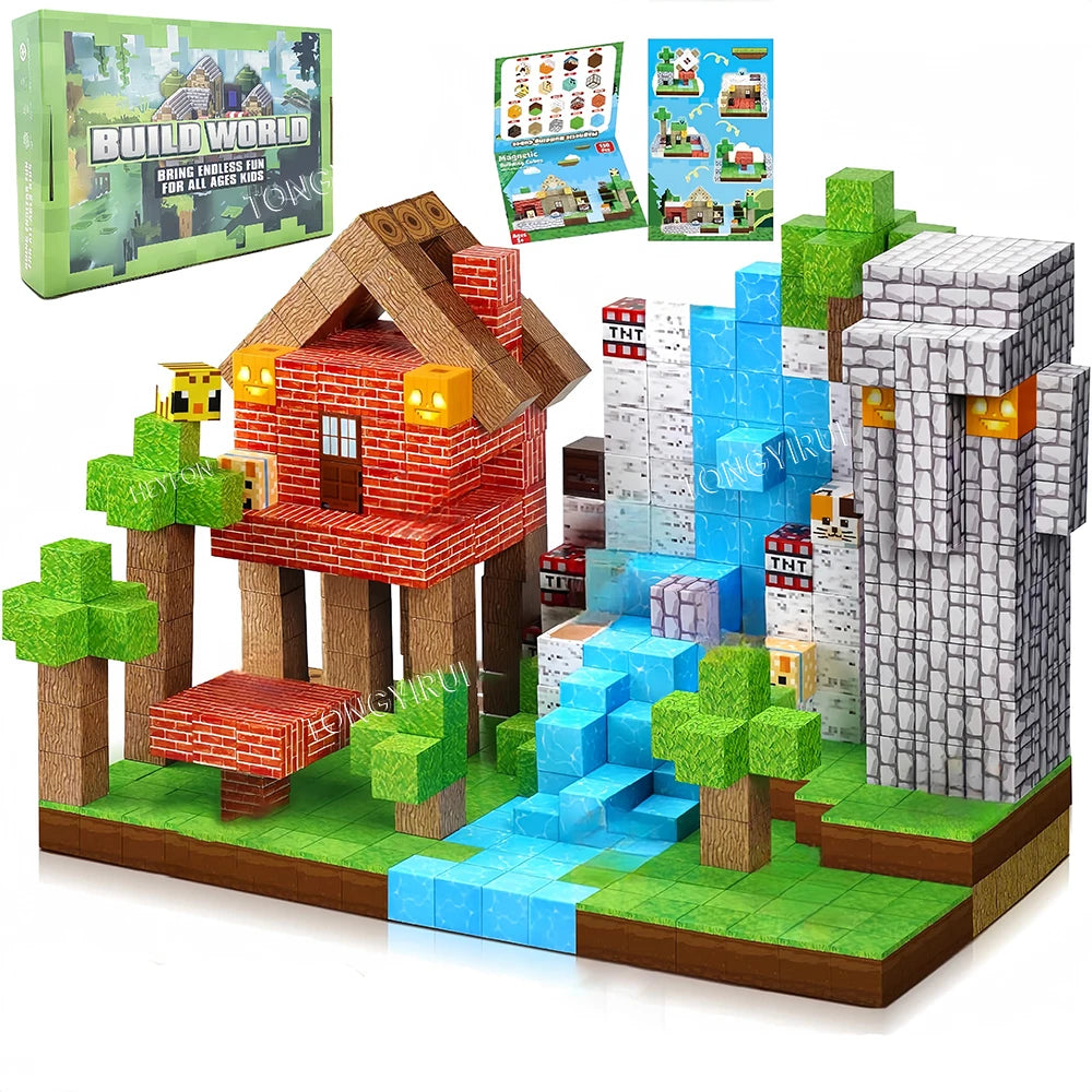 Colorful magnetic building blocks for kids in a landscape setting with a house, trees, and a waterfall