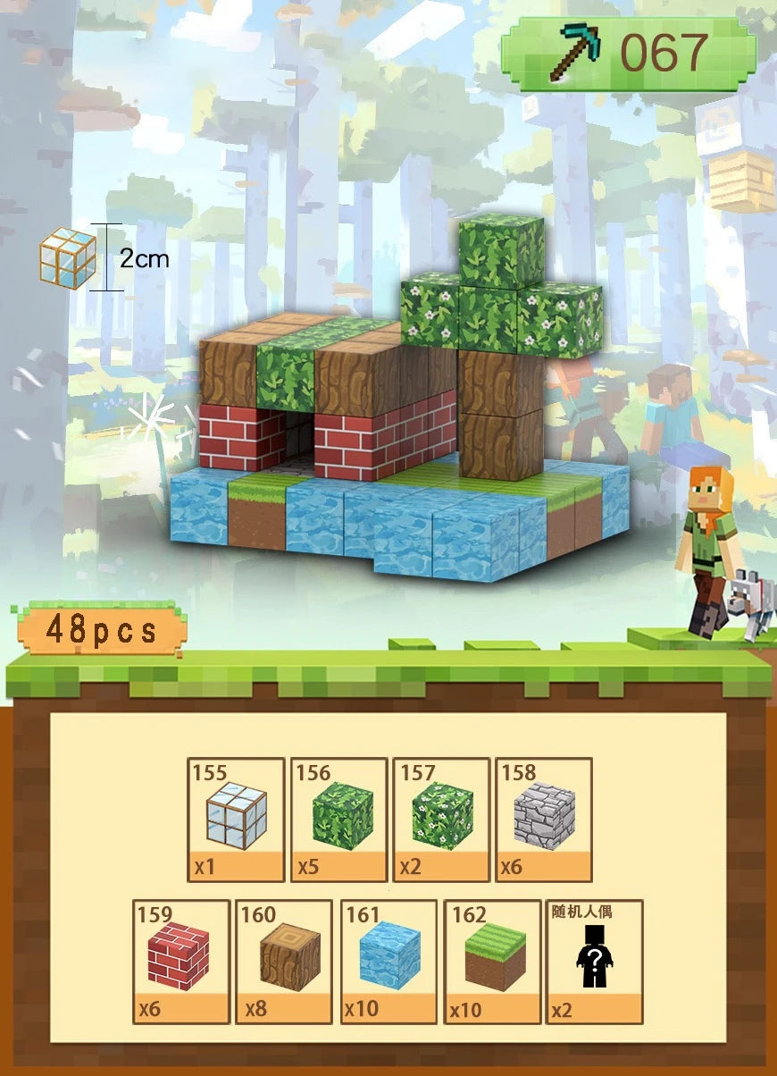 Colorful magnetic building blocks for kids with trees and brick patterns for creative play