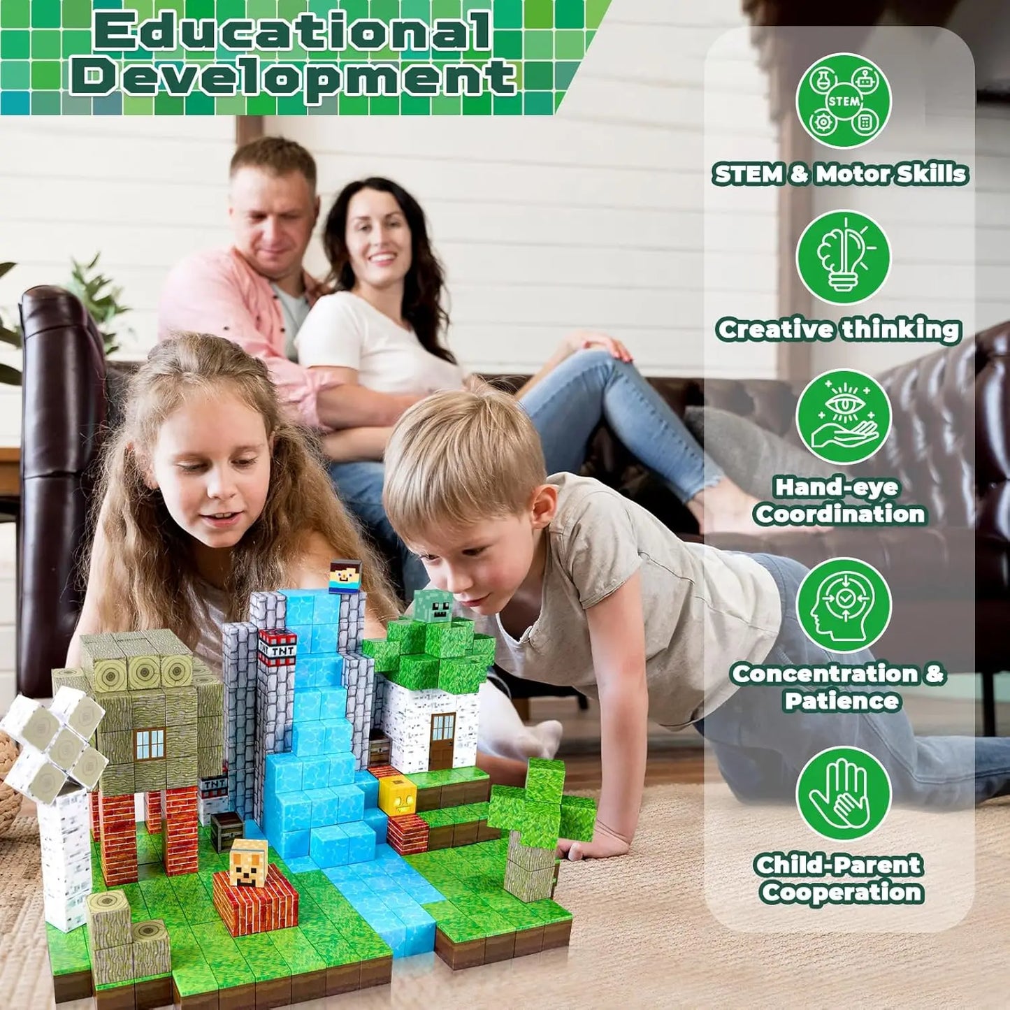 Children playing with colorful magnetic building blocks for kids featuring a waterfall and trees