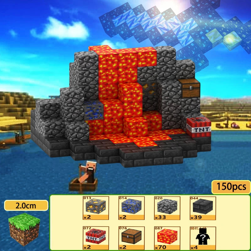 Creative volcanic scene built with magnetic building blocks for kids featuring colorful blocks and accessories