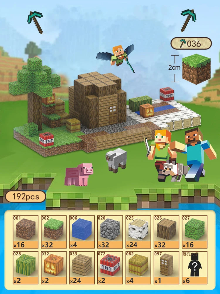 ActivePlaythings Magnetic Building Blocks Set featuring Minecraft-themed characters and structures with 192 pieces