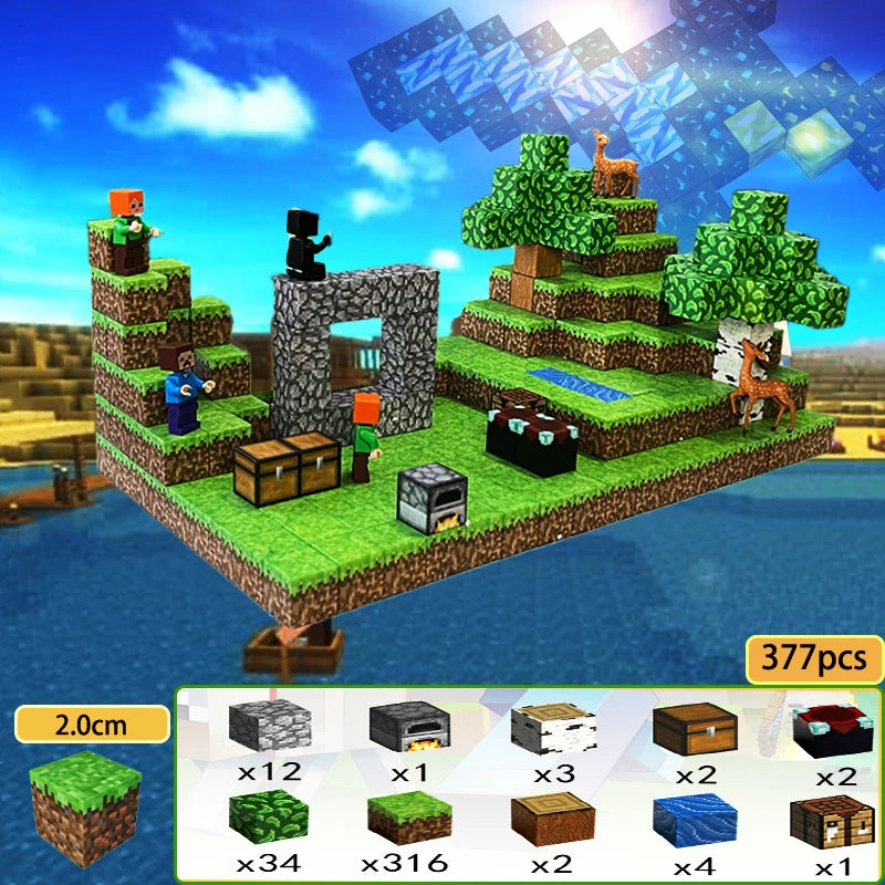 Magnetic building blocks set featuring vibrant landscapes and characters for creative play