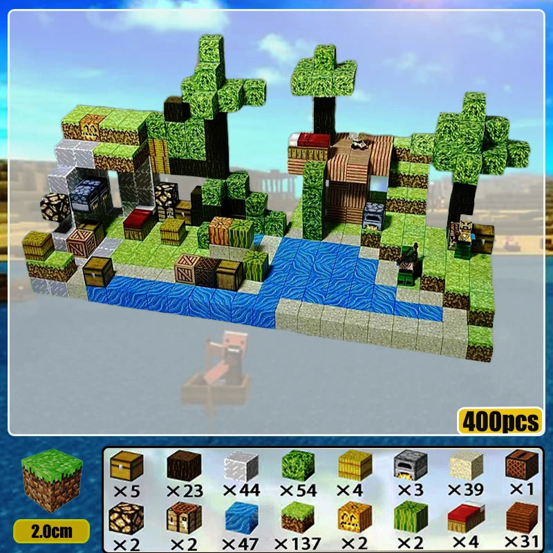 Vibrant Magnetic Building Blocks Set featuring trees, water, and structures in 400 pieces for creative play