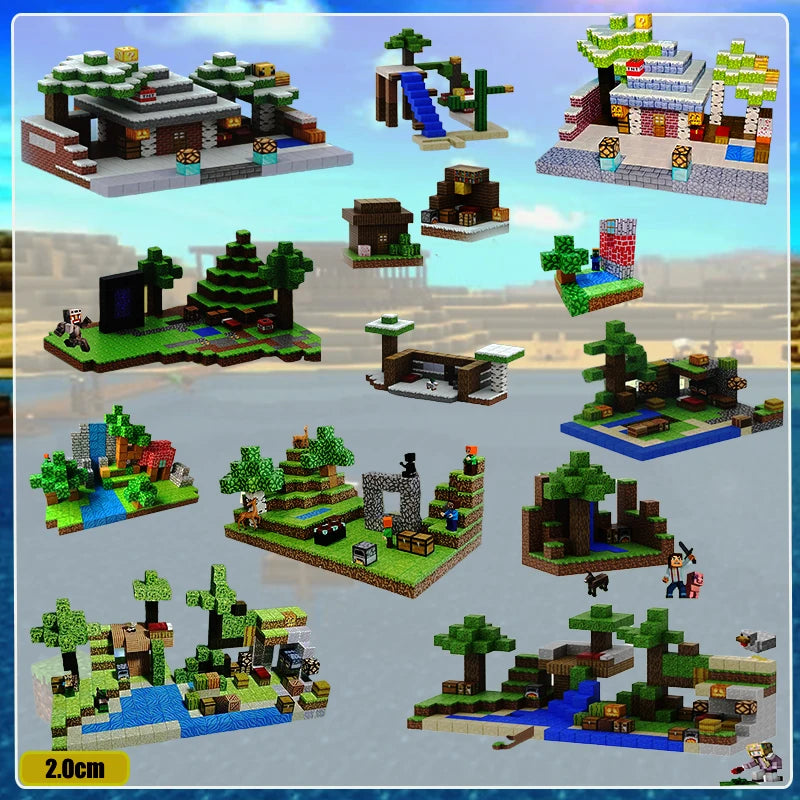 Variety of scenes created with a Magnetic building blocks set featuring trees, houses, and rivers