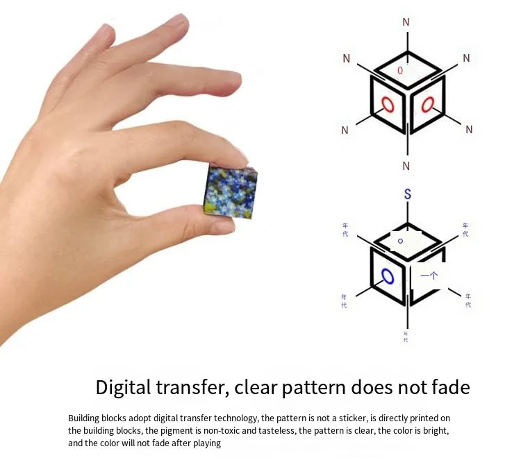 Hand holding a colorful piece from a magnetic building blocks set showing clear pattern and design details