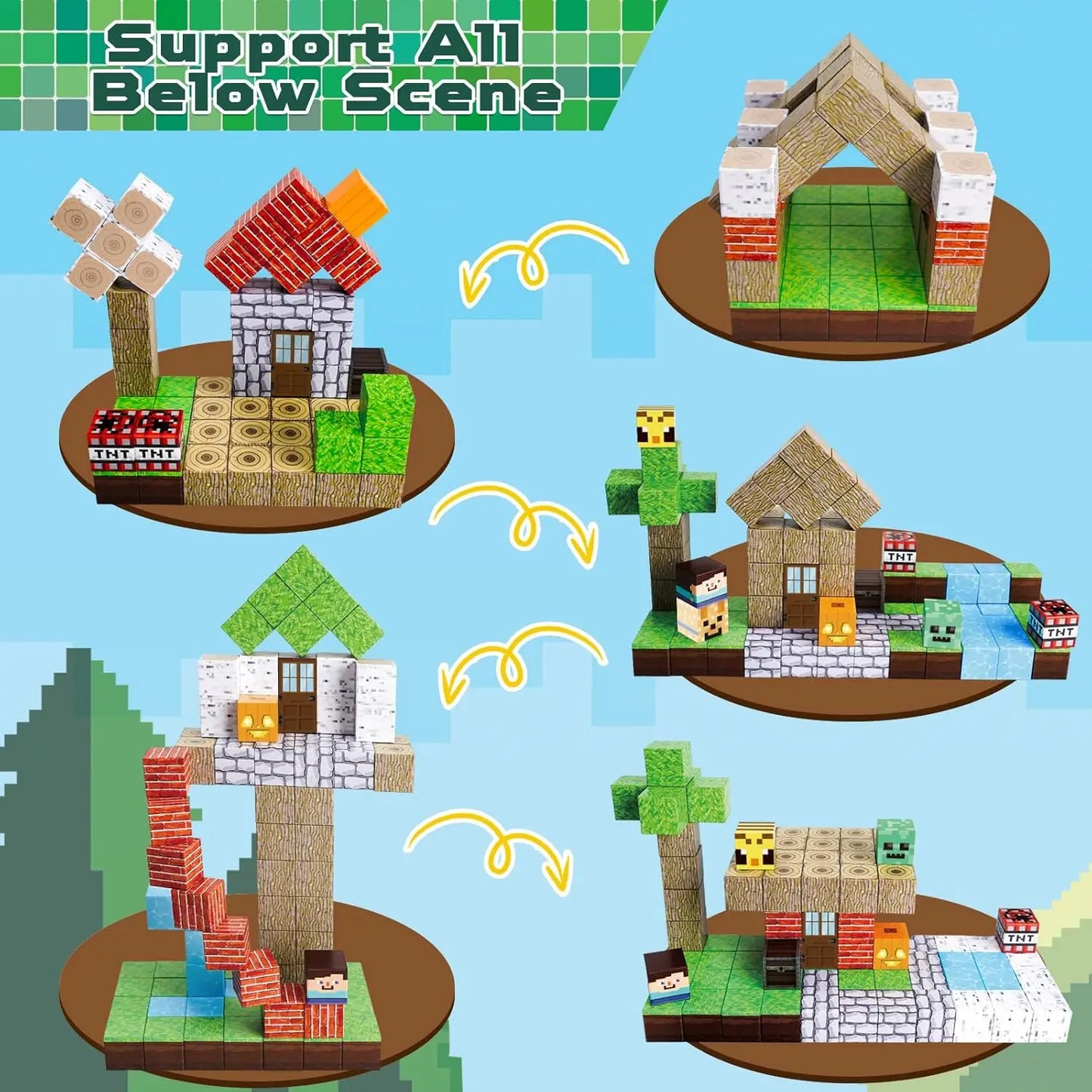 Creative structures made with ActivePlaythings magnetic building blocks set in various colorful designs