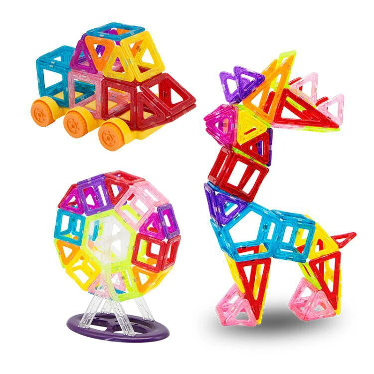 Colorful magnetic building tiles set featuring a car, dog, and ferris wheel for creative play