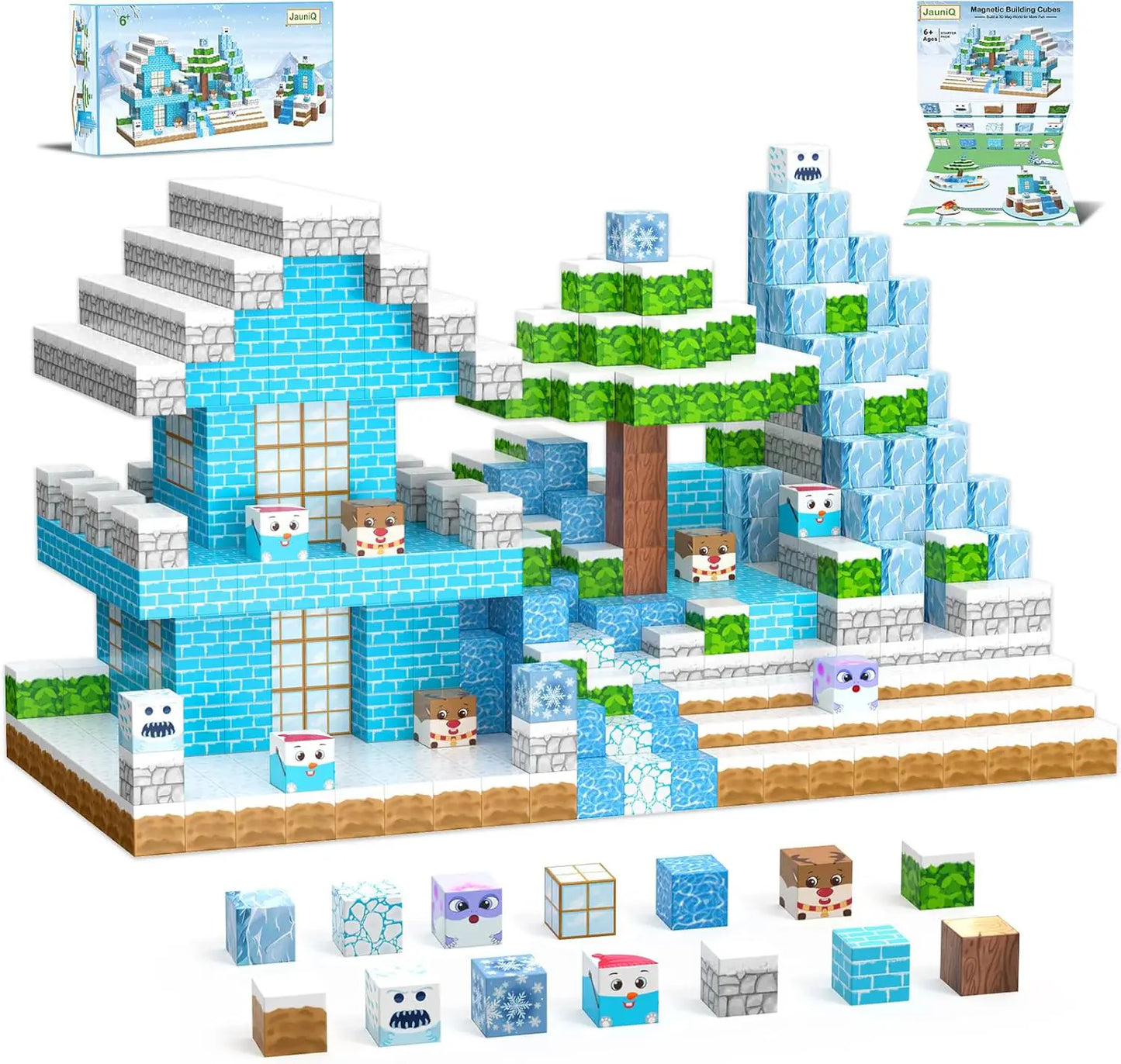 Winter village scene built with Mine World magnetic building blocks