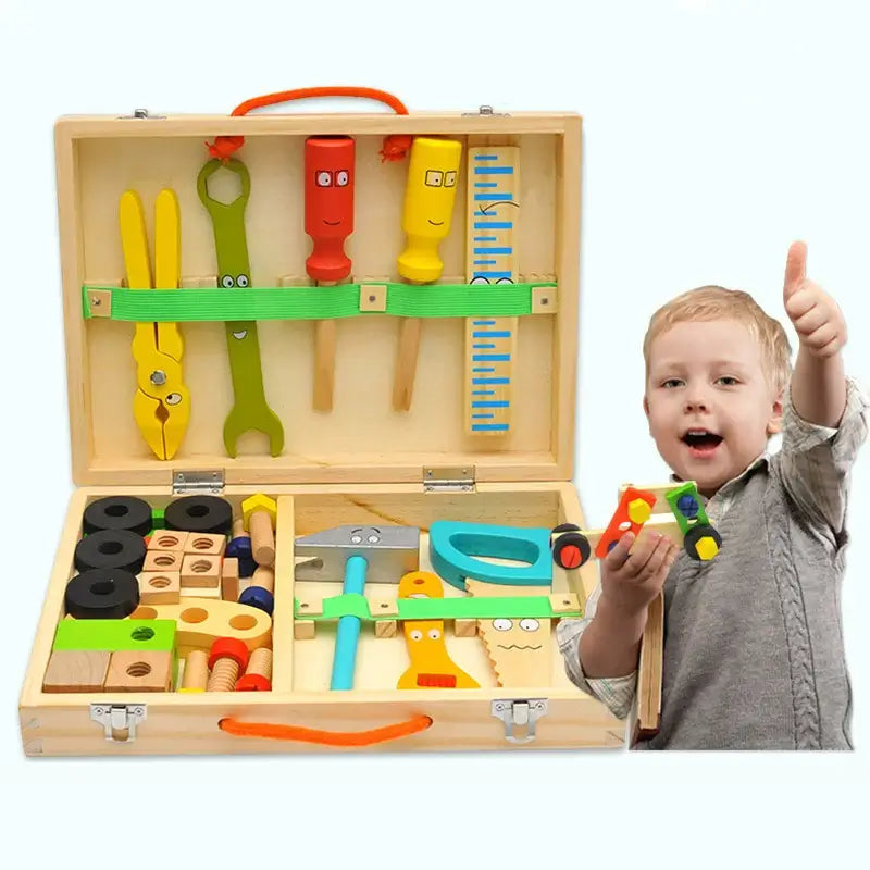 Active Playthings Montessori carpenter play set featuring colorful wooden tools and a child holding a toy car