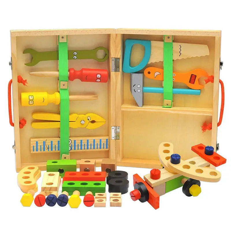 Montessori carpenter play set with various colorful tools and wooden pieces for hands-on learning