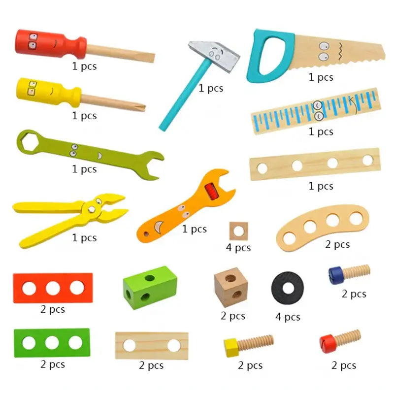 Active Playthings Montessori carpenter play set with colorful wooden tools and accessories for hands-on learning