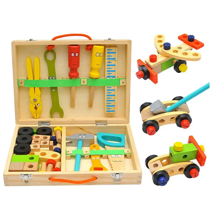 Montessori carpenter play set with tools and vibrant wooden pieces for creative building and imaginative play