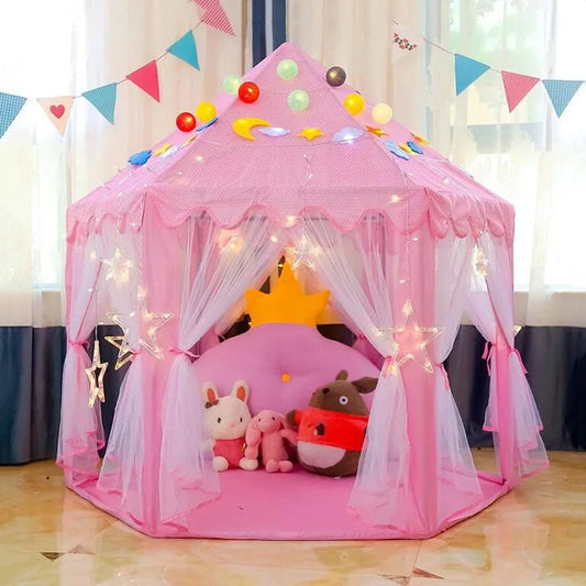 ActivePlaythings princess castle play tent in pink, decorated with lights and toys for imaginative play.