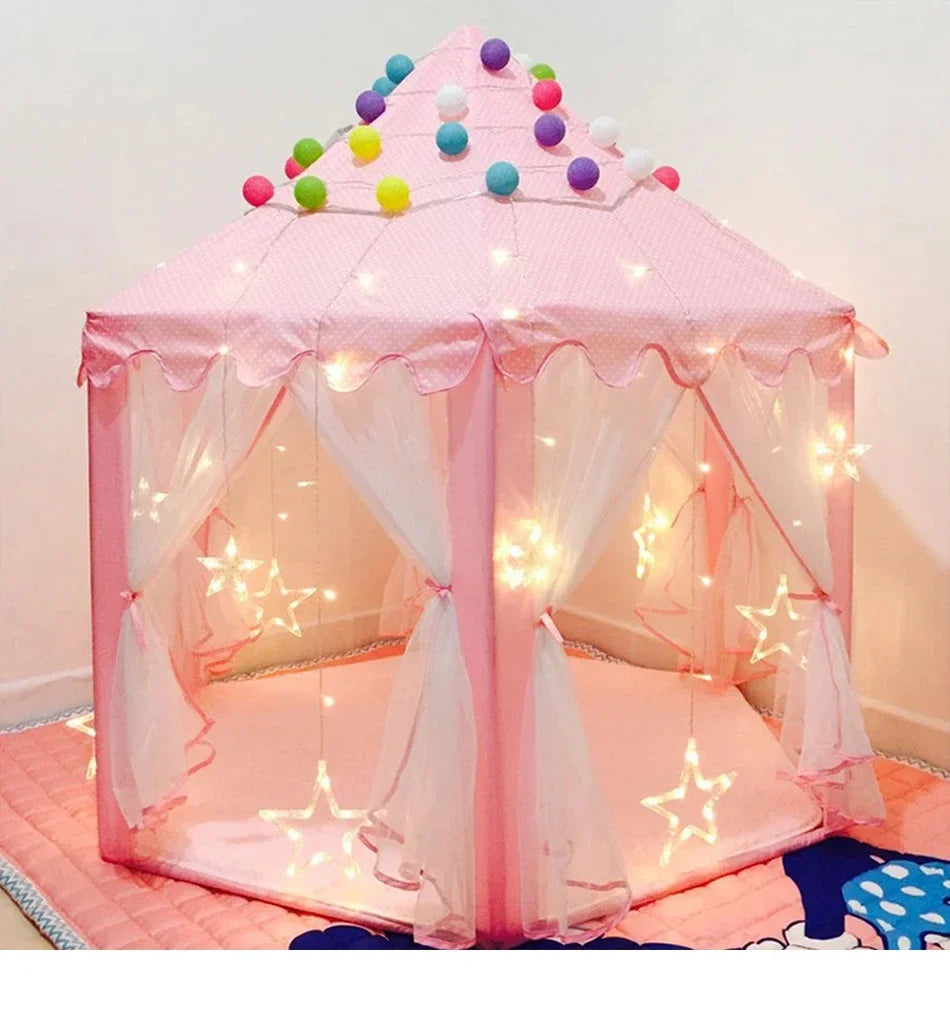Pink princess castle play tent with star lights and colorful decorations for kids' imaginative play