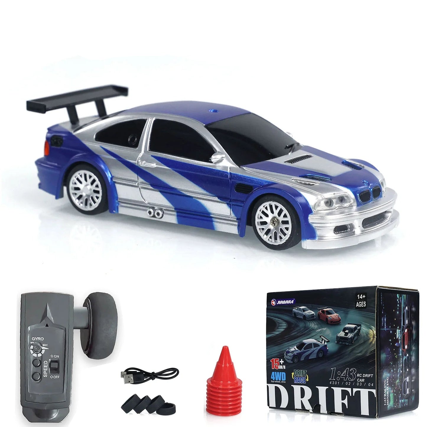 Active Playthings radio control drifting car in blue with remote and accessories for ages 14 and up