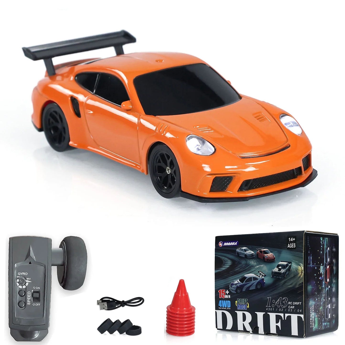 Orange radio control drifting car with remote for ages 14 and up, designed for indoor and outdoor racing