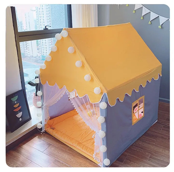 ActivePlaythings small house play tent with bright colors and decorative pom-poms for kids indoor fun
