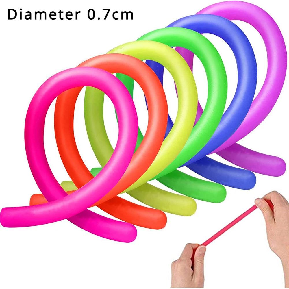 Colorful stretchy resistance fidget ropes in various hues for sensory play and stress relief activities