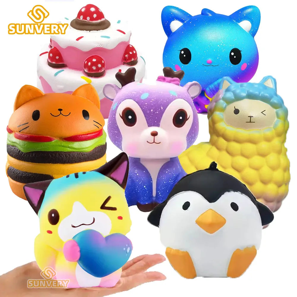 Collection of colorful squishy toys including a cute pizza slice squishy toy among other characters