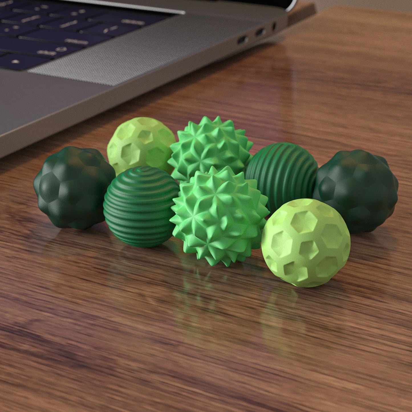 Assorted Active Playthings tactile stress relief toys in various green textures for adults