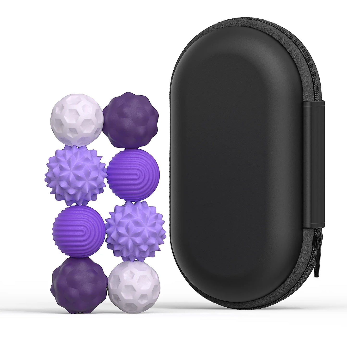 Active Playthings tactile stress relief toys in purple, includes assorted textured sensory balls with a black carrying case