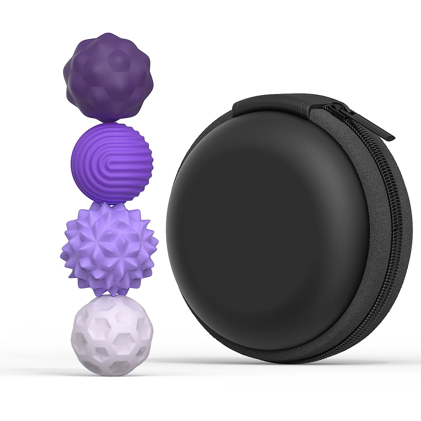 Active Playthings tactile stress relief toys in assorted purple textures with a black carrying case