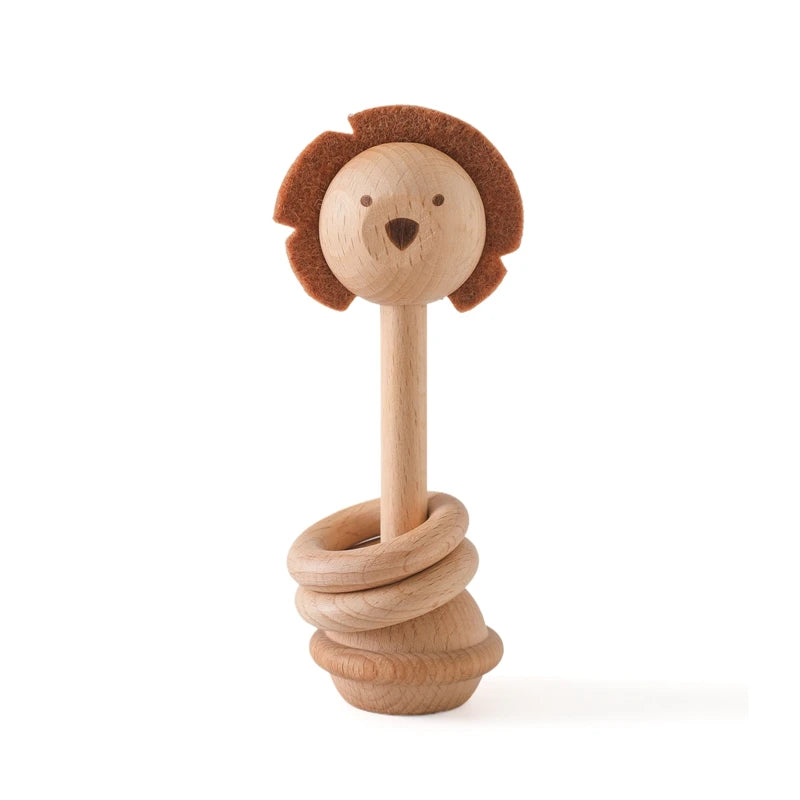 Wooden lion therapeutic baby rattles with soft rings for sensory play and development