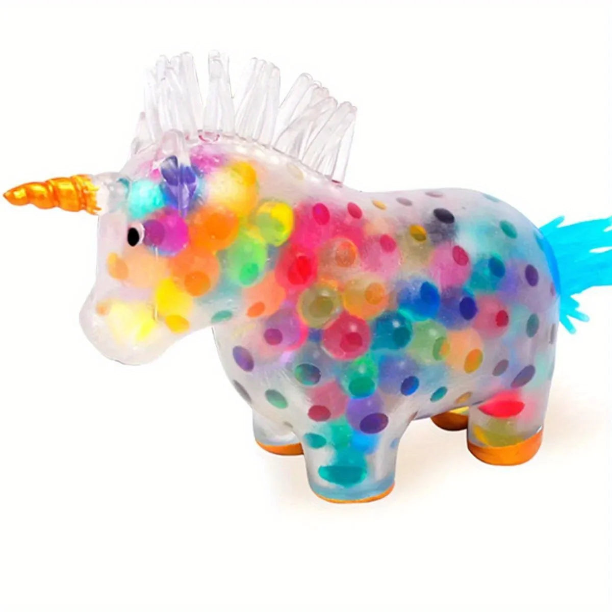 Therapeutic unicorn squeeze toy in clear with colorful dots for stress relief and sensory fun